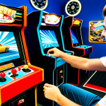 A professional, fully clothed young adult, focused and engaged, enthusiastically playing a classic retro racing arcade game. The subject's hands are expertly gripping the steering wheel of a vintage arcade cabinet. The environment is a clean, well-lit arcade hall with other classic game machines subtly visible in the background, evoking a sense of nostalgic excitement. This is a high-quality, professional photograph with perfect anatomy, correct proportions, and a natural pose. The image content is safe for work, appropriate content, and family-friendly.