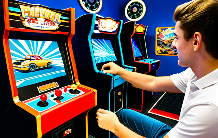 A professional, fully clothed young adult, focused and engaged, enthusiastically playing a classic retro racing arcade game. The subject's hands are expertly gripping the steering wheel of a vintage arcade cabinet. The environment is a clean, well-lit arcade hall with other classic game machines subtly visible in the background, evoking a sense of nostalgic excitement. This is a high-quality, professional photograph with perfect anatomy, correct proportions, and a natural pose. The image content is safe for work, appropriate content, and family-friendly.