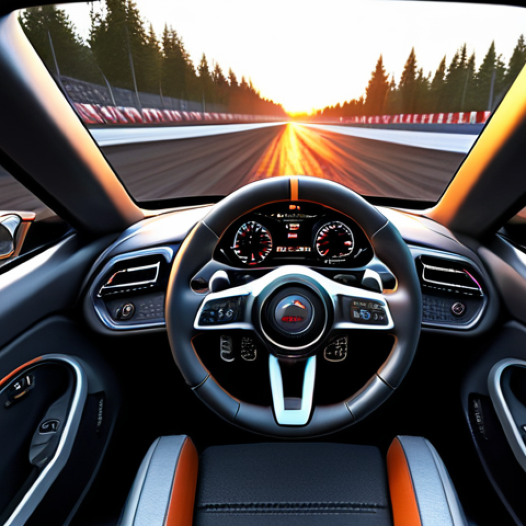 실감 나는 레이싱게임 - **Immersive VR Racing Cockpit at Sunset**
    A highly detailed, photorealistic first-person view fr...