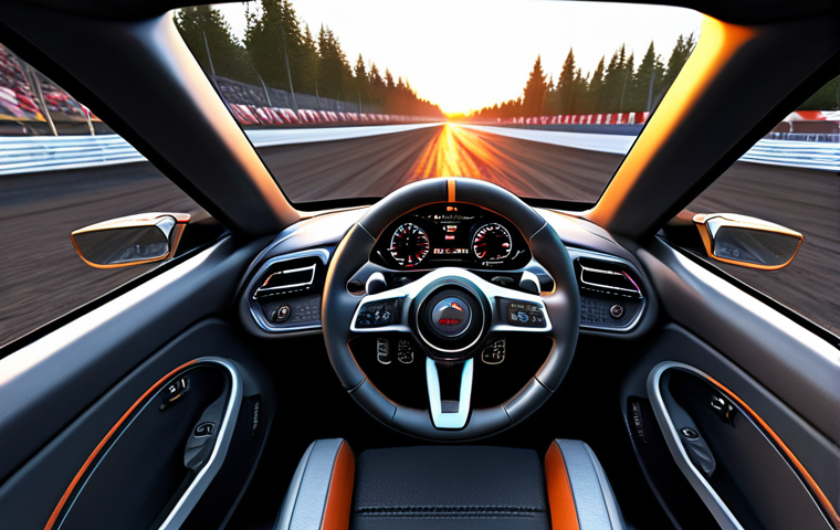 실감 나는 레이싱게임 - **Immersive VR Racing Cockpit at Sunset**
    A highly detailed, photorealistic first-person view fr...