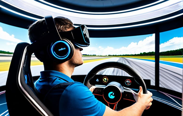 실감 나는 레이싱게임 - **Immersive VR Racing Cockpit at Sunset**
    A highly detailed, photorealistic first-person view fr...