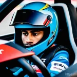 레이싱 시뮬레이터 세트 - **Immersive VR Sim Racer**: A dynamic, close-up shot of a focused young adult (age 15-25, dressed in...