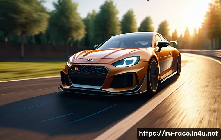 레이싱게임 그래픽 진화 - A highly detailed 3D racing car model on a photorealistic urban racetrack at sunset, showcasing dyna...