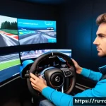 Home 22 레이싱게임의 차량 면허 시스템 - A detailed scene of a realistic racing simulator setup in a modern gaming room with a young adult we...