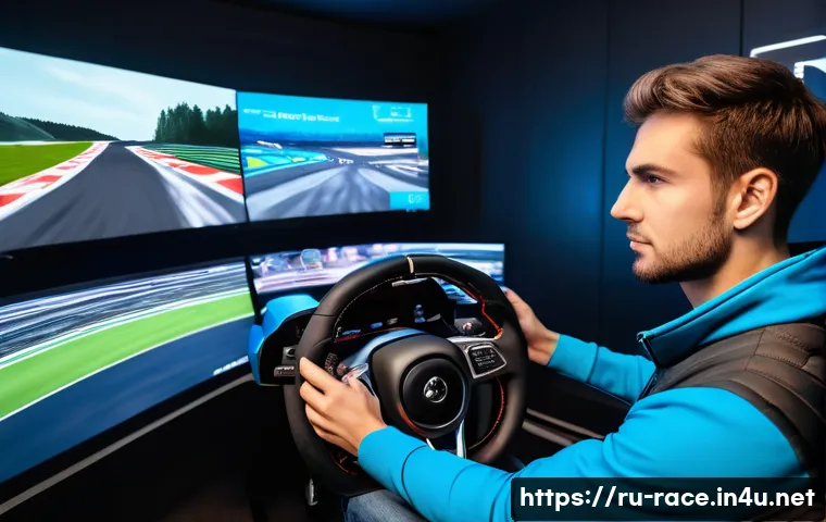 레이싱게임의 차량 면허 시스템 - A detailed scene of a realistic racing simulator setup in a modern gaming room with a young adult we...