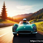 Home 21 명작 레이싱게임 리뷰 - A vibrant scene of a classic retro racing game track at sunset, featuring a sleek vintage racing car...