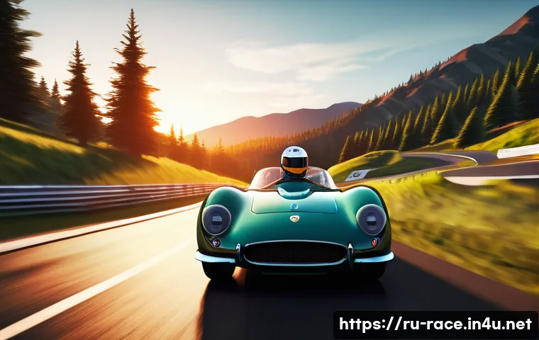 명작 레이싱게임 리뷰 - A vibrant scene of a classic retro racing game track at sunset, featuring a sleek vintage racing car...