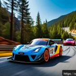 Home 20 레이싱게임 아이템 사용법 - A dynamic racing scene on a twisting mountain track during daylight, featuring multiple colorful rac...
