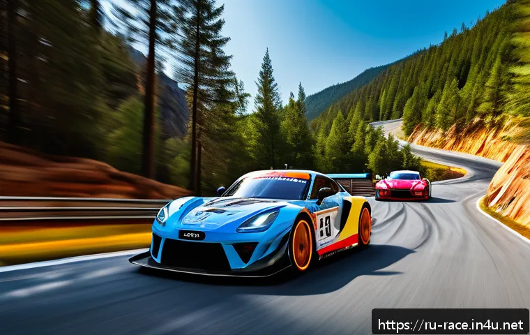 레이싱게임 아이템 사용법 - A dynamic racing scene on a twisting mountain track during daylight, featuring multiple colorful rac...