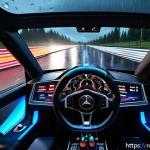 Home 19 레이싱게임 인기 이유 - Hyper-realistic racing simulator cockpit interior during a night race, showcasing detailed dashboard...
