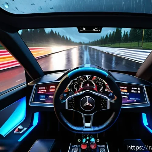 Home 31 레이싱게임 인기 이유 - Hyper-realistic racing simulator cockpit interior during a night race, showcasing detailed dashboard...