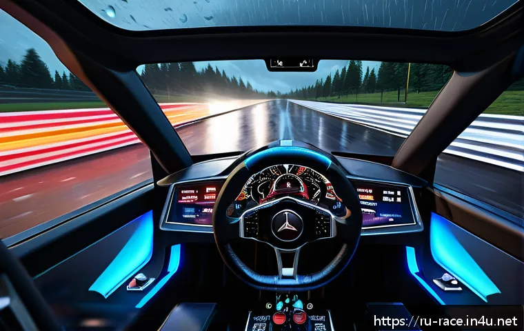 레이싱게임 인기 이유 - Hyper-realistic racing simulator cockpit interior during a night race, showcasing detailed dashboard...