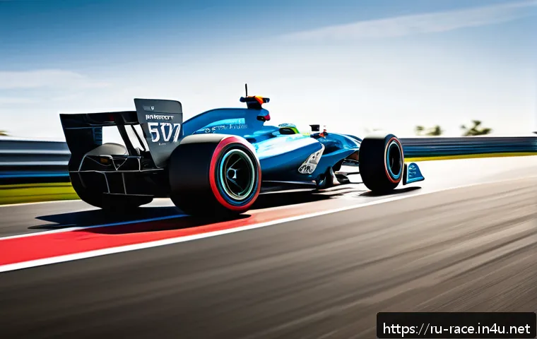 레이싱게임 운전 기술 - A dynamic racing car taking a wide corner on a professional race track under clear skies, showcasing...