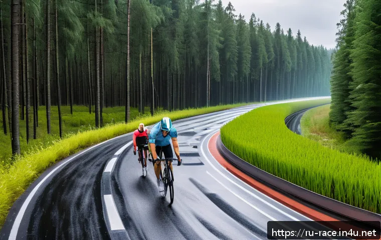 트랙 디자인의 매력 - A cutting-edge sports racing track in a Russian forest setting, featuring innovative composite surfa...