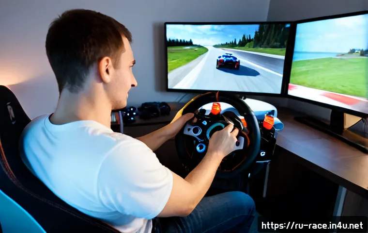 레이싱게임 장단점 - Photorealistic evening scene in a cozy modern apartment in Moscow, an adult Russian gamer enjoying a...